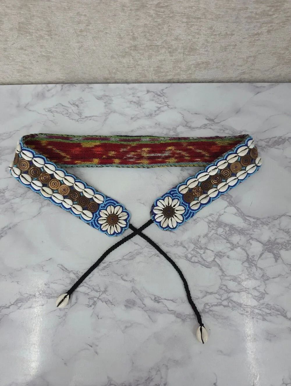 Boho Daisy Cowrie Sea Shell Beaded Embellished Woven Belt BlueWhite